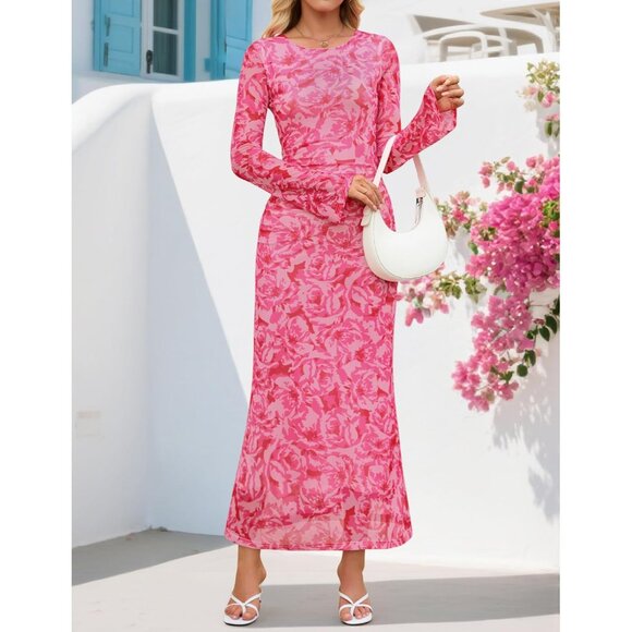 Zesica Women's Floral Rose Ruched Mesh Long Sleeve Floral Bodycon Dress - Picture 3 of 6